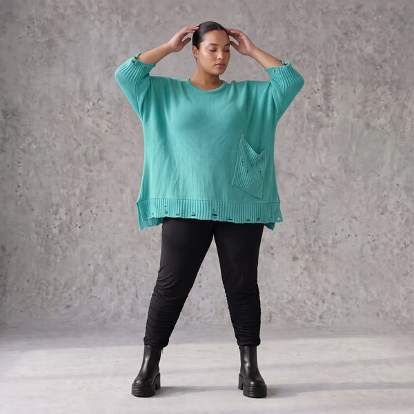 Strickshirt in A-Linie mit Taschen im Destroyed-Look aus Baumwolle mit weichem Stretch