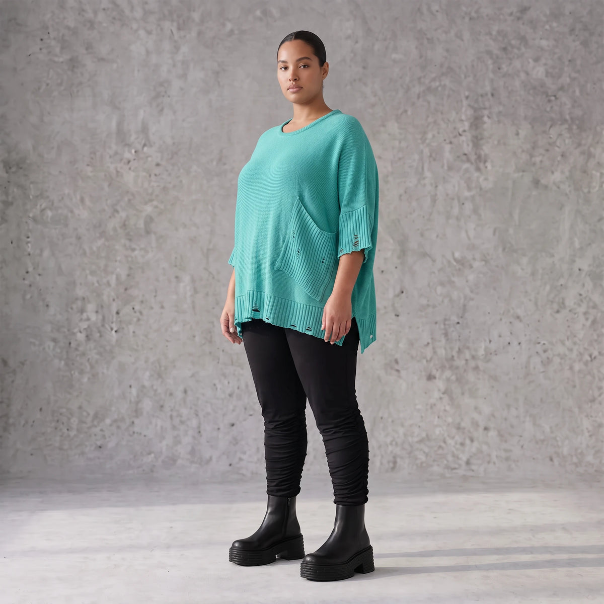 Strickshirt in A-Linie mit Taschen im Destroyed-Look aus Baumwolle mit weichem Stretch
