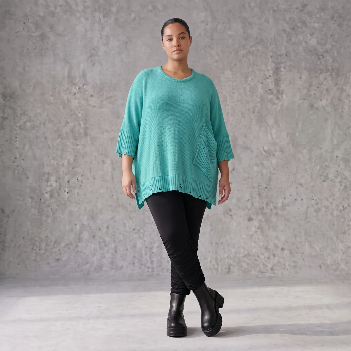 Strickshirt in A-Linie mit Taschen im Destroyed-Look aus Baumwolle mit weichem Stretch