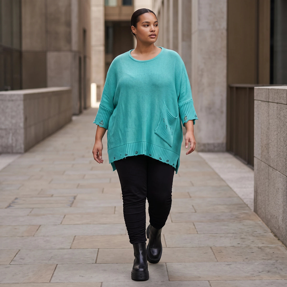 Strickshirt in A-Linie mit Taschen im Destroyed-Look aus Baumwolle mit weichem Stretch