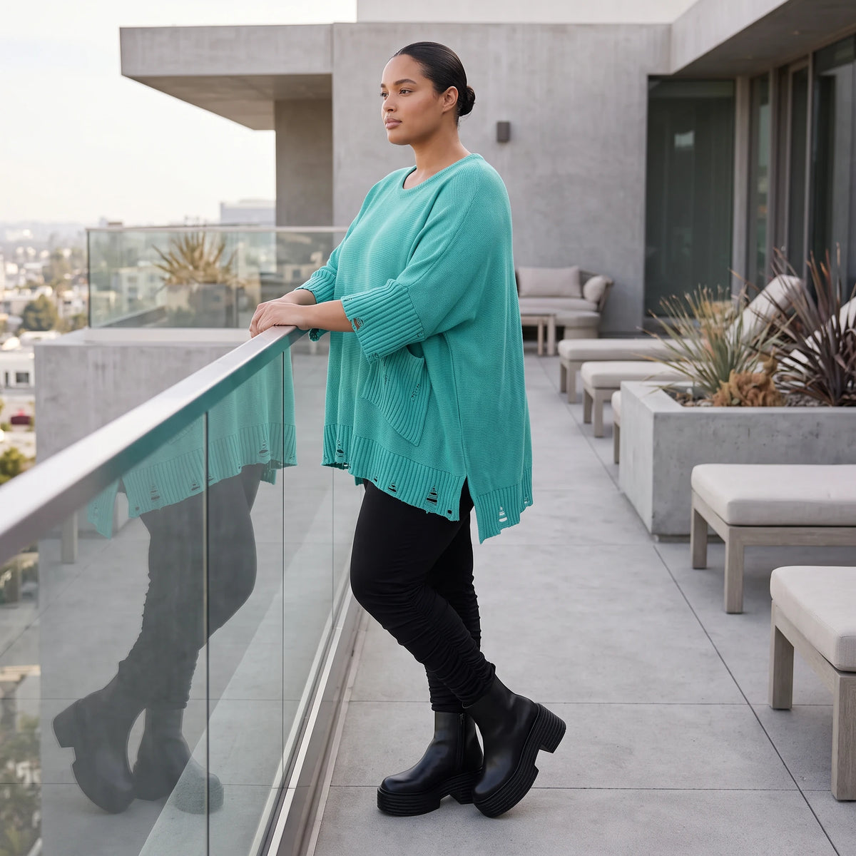 Strickshirt in A-Linie mit Taschen im Destroyed-Look aus Baumwolle mit weichem Stretch