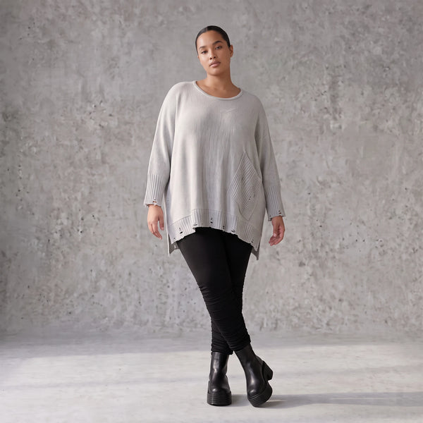 Grauer Strickpullover in A-Linie aus weichem Baumwollmix mit Stretch kuschelig warm