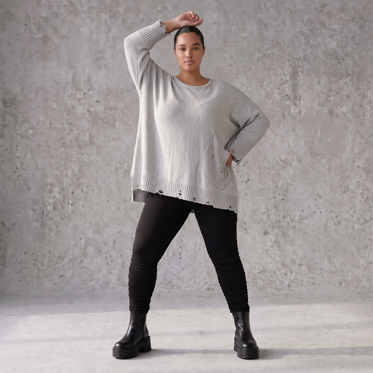 Grauer Strickpullover in A-Linie aus weichem Baumwollmix mit Stretch kuschelig warm