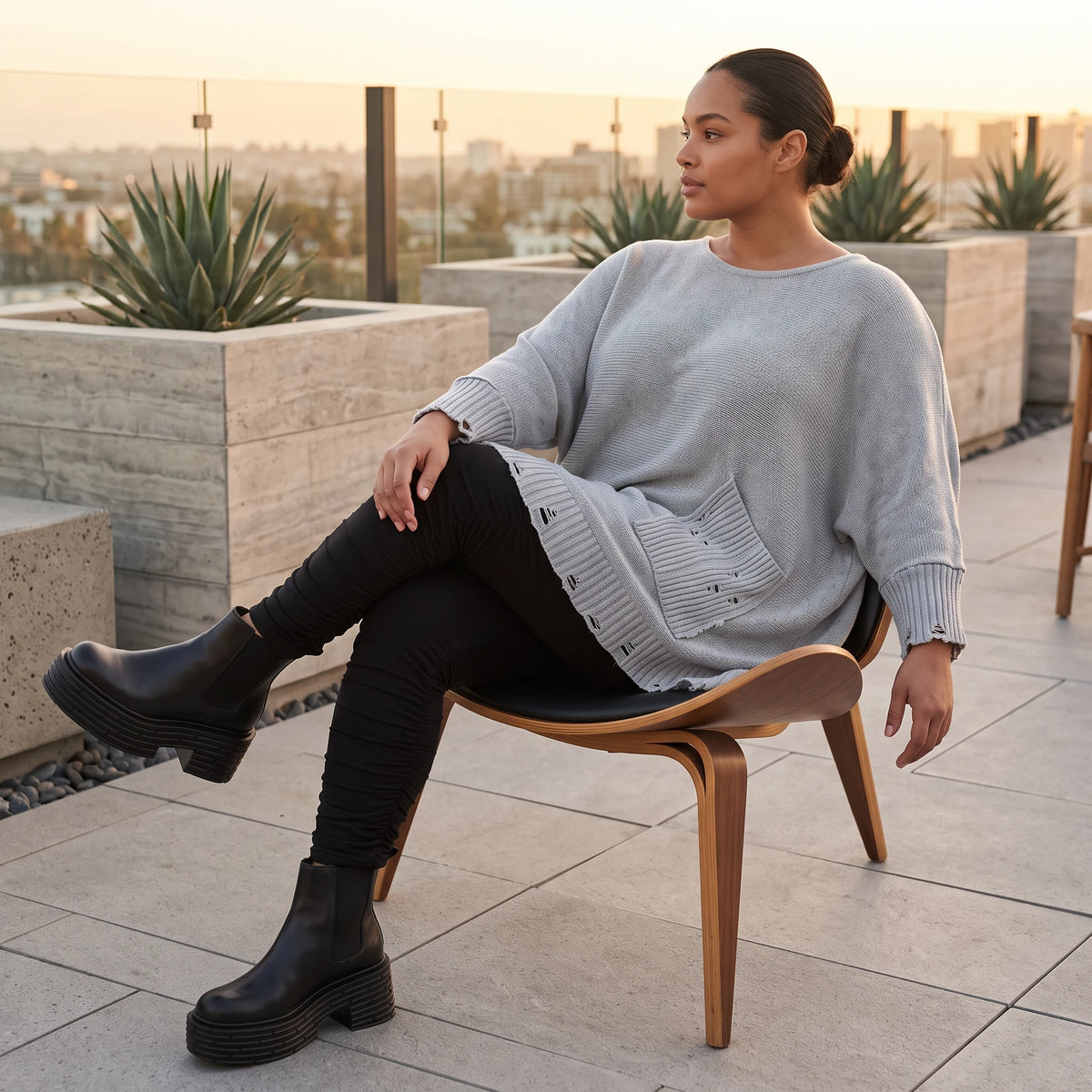 Grauer Strickpullover in A-Linie aus weichem Baumwollmix mit Stretch kuschelig warm