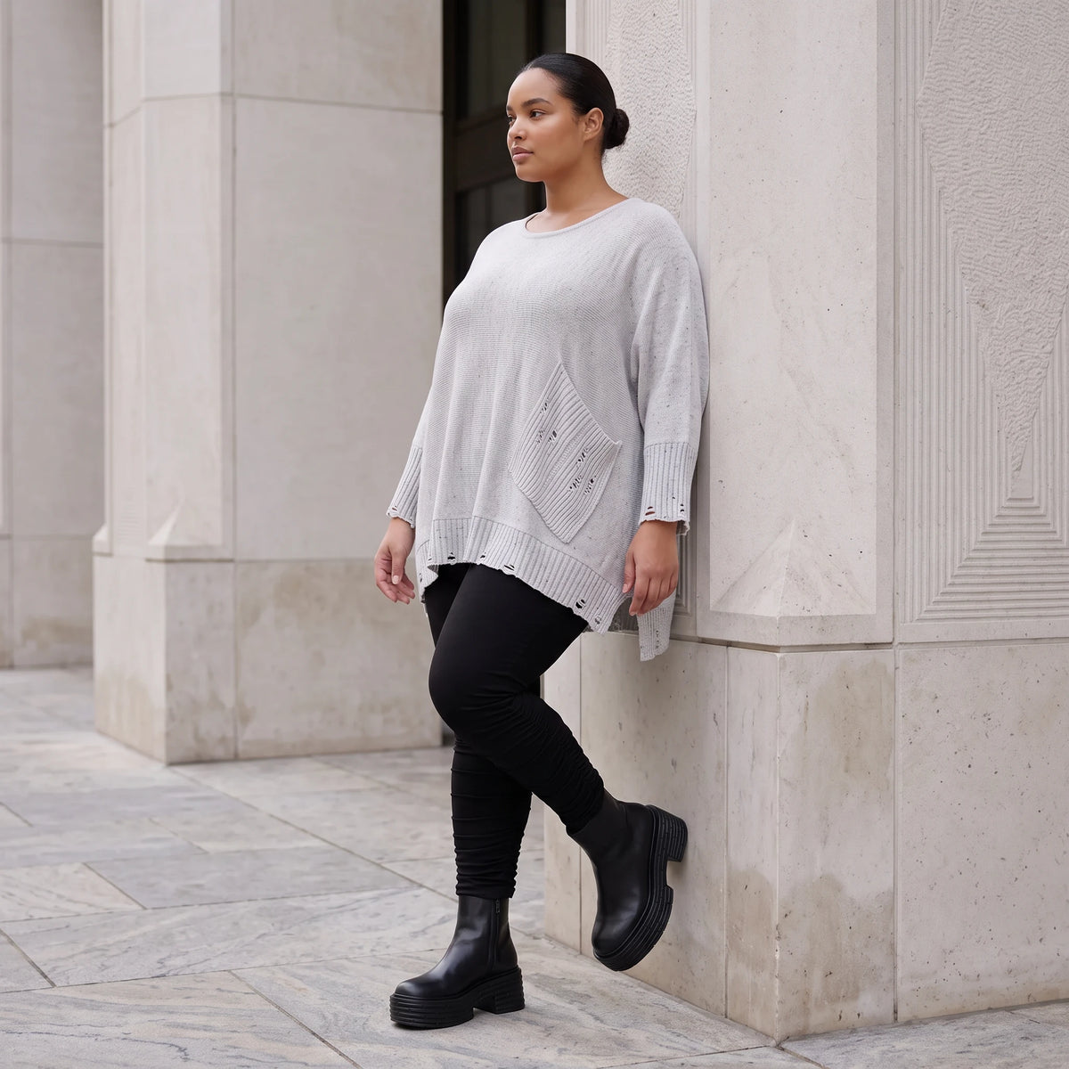 Grauer Strickpullover in A-Linie aus weichem Baumwollmix mit Stretch kuschelig warm