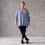 Strickpullover in Jeansblau mit Destroyed Optik A-Linie Rundhalsausschnitt Taschen Langarm