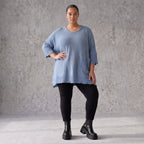 Strickpullover in Jeansblau mit Destroyed Optik A-Linie Rundhalsausschnitt Taschen Langarm