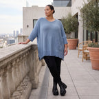 Strickpullover in Jeansblau mit Destroyed Optik A-Linie Rundhalsausschnitt Taschen Langarm