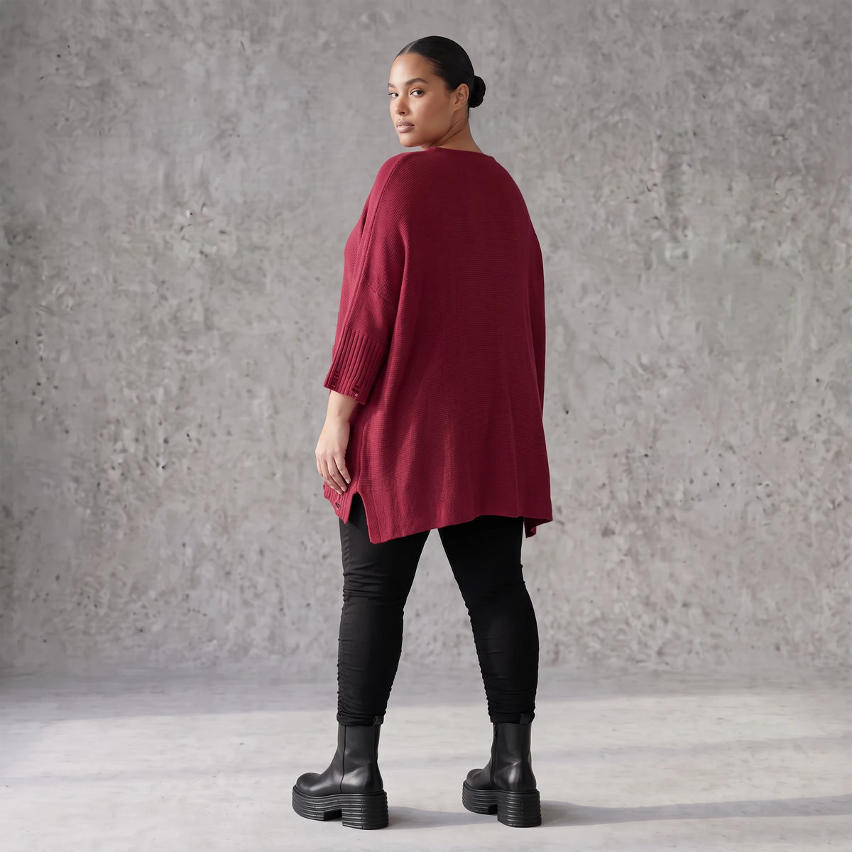 Bordeaux Strickshirt in A-Linie mit Destroyed-Optik weich warm aus Stretchstoff Basic