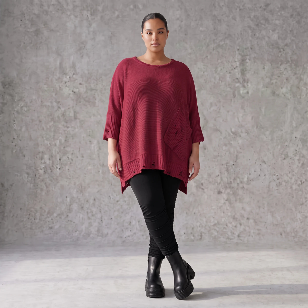 Bordeaux Strickshirt in A-Linie mit Destroyed-Optik weich warm aus Stretchstoff Basic