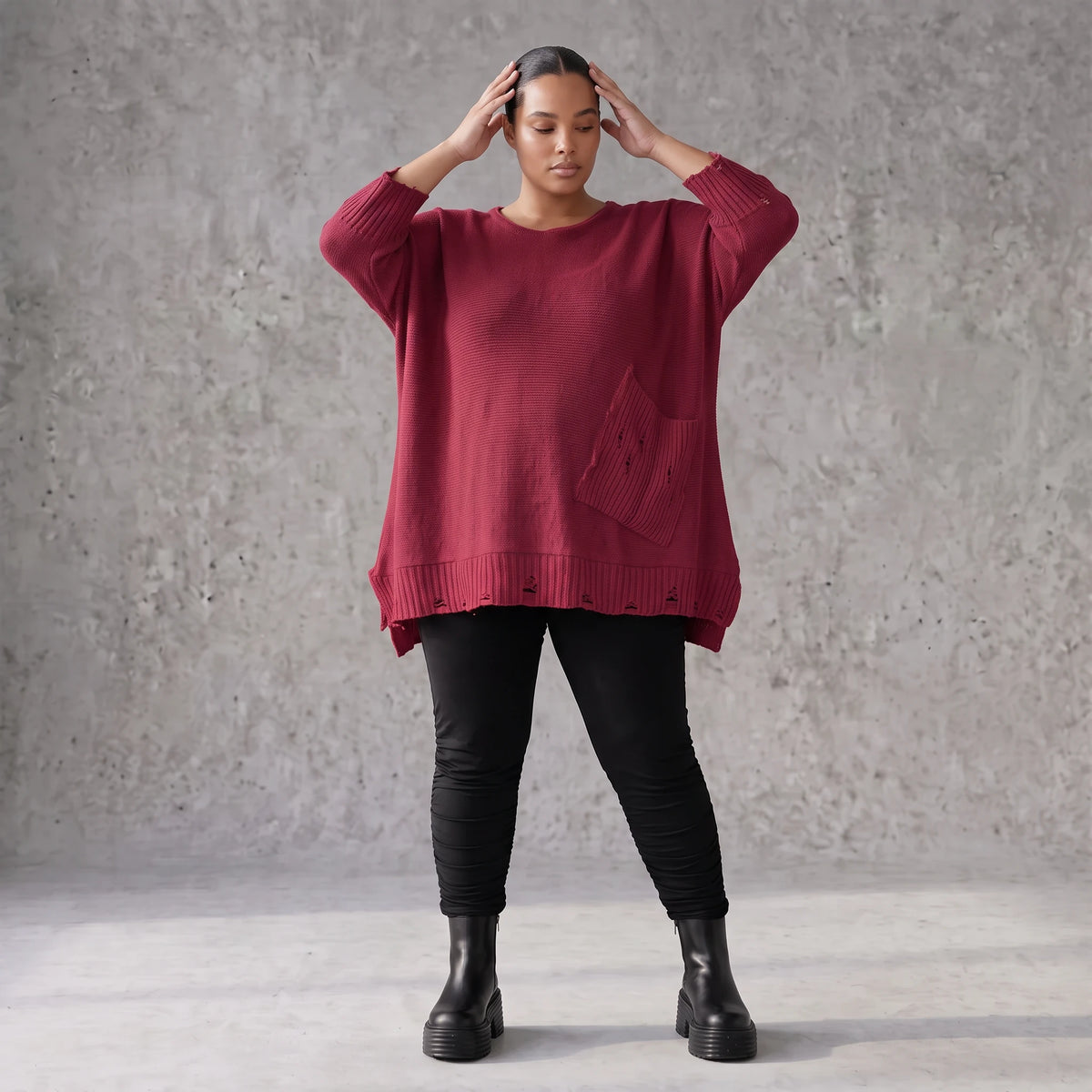 Bordeaux Strickshirt in A-Linie mit Destroyed-Optik weich warm aus Stretchstoff Basic
