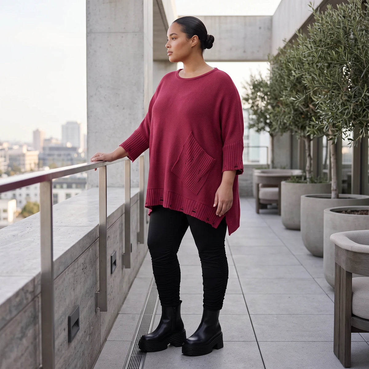 Bordeaux Strickshirt in A-Linie mit Destroyed-Optik weich warm aus Stretchstoff Basic