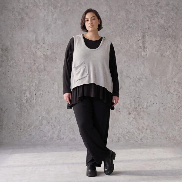Ärmelloser Stricküberwurf in A-Linie mit Kapuze Tunnelzug Tasche und Baumwollstretch