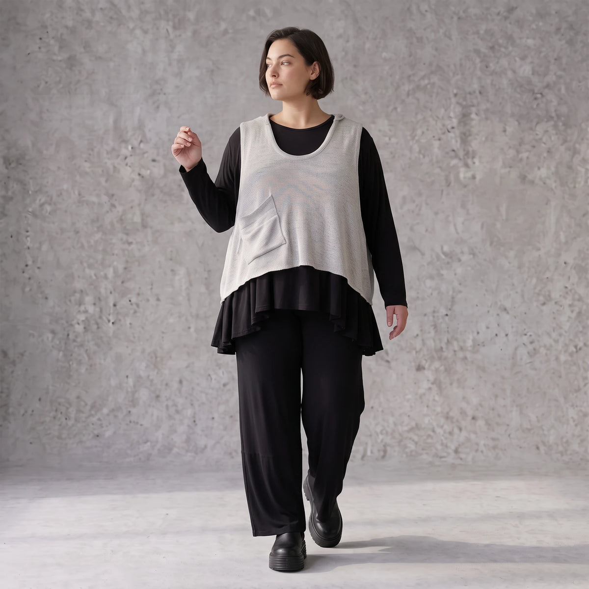 Ärmelloser Stricküberwurf in A-Linie mit Kapuze Tunnelzug Tasche und Baumwollstretch