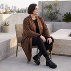 Longcardigan aus French Terry mit Stehkragen geradem Schnitt lang und Seitentaschen