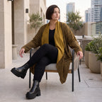 Cardigan in Camel aus feinem French Terry mit Stehkragen in geradem Schnitt aus Italien