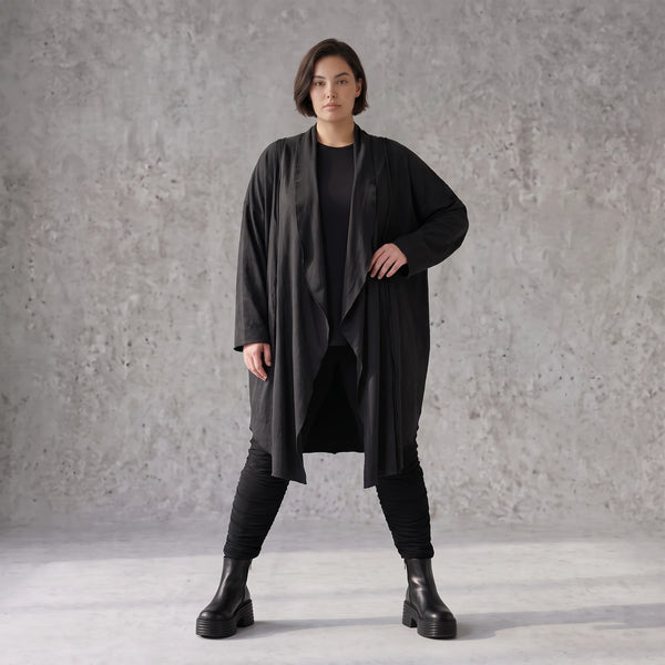 Cardigan aus French Terry mit Stehkragen Faltennaht und Seitentaschen ohne Verschluss