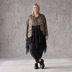 Elegante A-Linie Winterjacke in Beige/Schwarz aus Satinmaterialmix mit Netzdetails