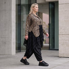 Elegante A-Linie Winterjacke in Beige/Schwarz aus Satinmaterialmix mit Netzdetails