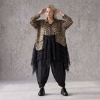 Elegante A-Linie Winterjacke in Beige/Schwarz aus Satinmaterialmix mit Netzdetails