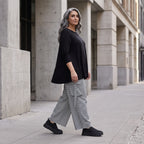 Ballonhose aus Bengaline in Schwarz/Weiß mit Stretch elastischem Bund und Fransentaschen