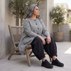 Bengalinebluse in Schwarz/Weiß A-Linie mit Rundhalsausschnitt Taschen und Zipfelsaum