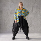Gelb/Multi Jerseyjacke in A-Linie mit Netzeinsatz Hemdkragen Knopfleiste Zipfelsaum