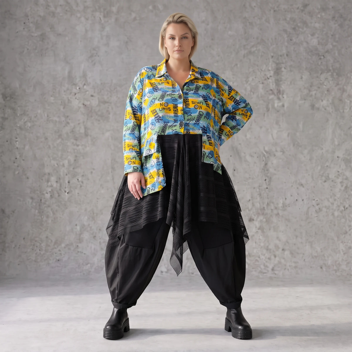 Gelb/Multi Jerseyjacke in A-Linie mit Netzeinsatz Hemdkragen Knopfleiste Zipfelsaum