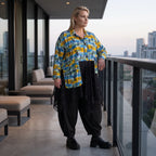 Gelb/Multi Jerseyjacke in A-Linie mit Netzeinsatz Hemdkragen Knopfleiste Zipfelsaum