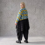 Gelb/Multi Jerseyjacke in A-Linie mit Netzeinsatz Hemdkragen Knopfleiste Zipfelsaum