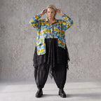 Gelb/Multi Jerseyjacke in A-Linie mit Netzeinsatz Hemdkragen Knopfleiste Zipfelsaum