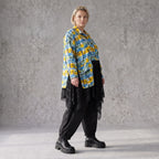 Gelb/Multi Jerseyjacke in A-Linie mit Netzeinsatz Hemdkragen Knopfleiste Zipfelsaum
