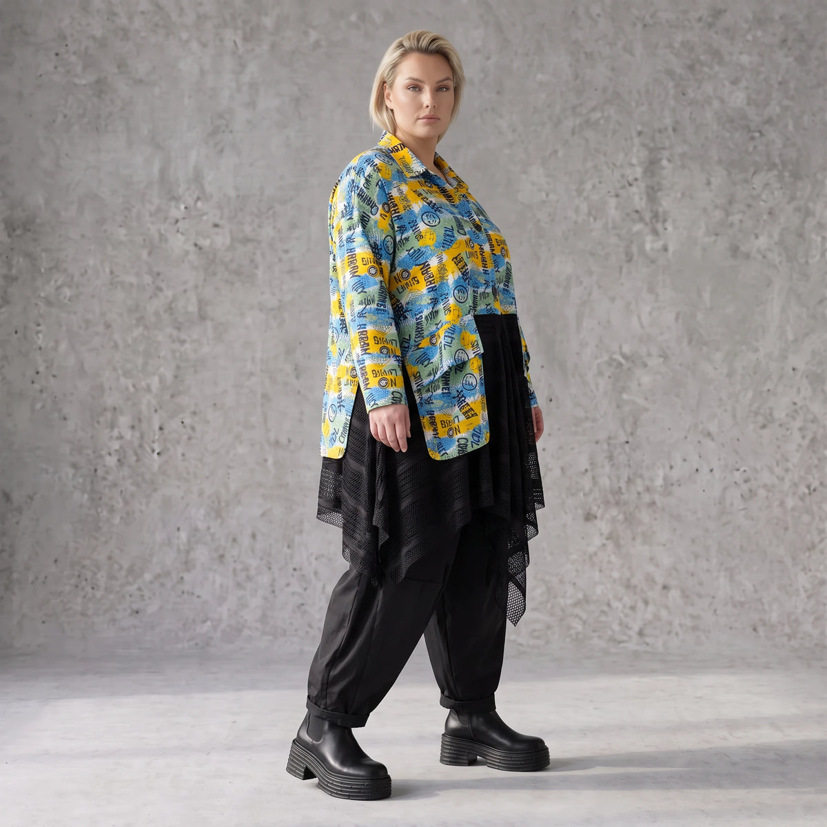 Gelb/Multi Jerseyjacke in A-Linie mit Netzeinsatz Hemdkragen Knopfleiste Zipfelsaum