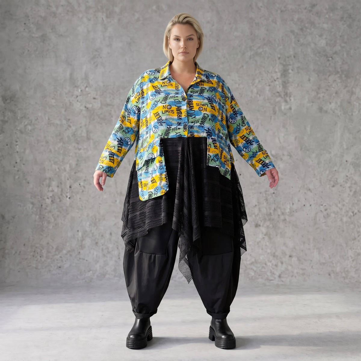 Gelb/Multi Jerseyjacke in A-Linie mit Netzeinsatz Hemdkragen Knopfleiste Zipfelsaum