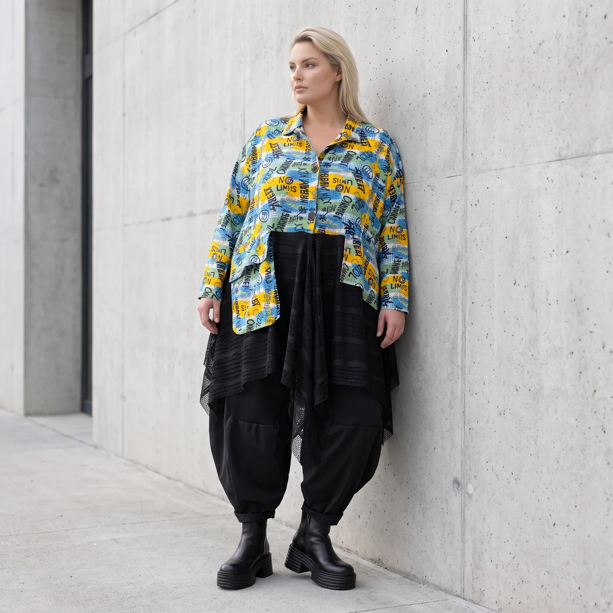 Gelb/Multi Jerseyjacke in A-Linie mit Netzeinsatz Hemdkragen Knopfleiste Zipfelsaum