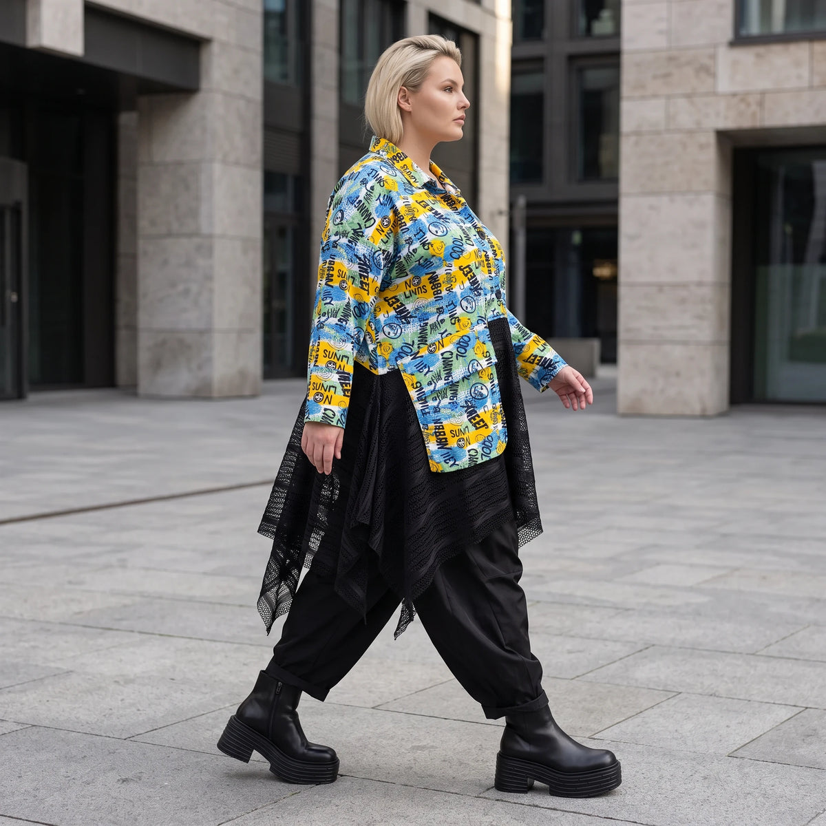 Gelb/Multi Jerseyjacke in A-Linie mit Netzeinsatz Hemdkragen Knopfleiste Zipfelsaum
