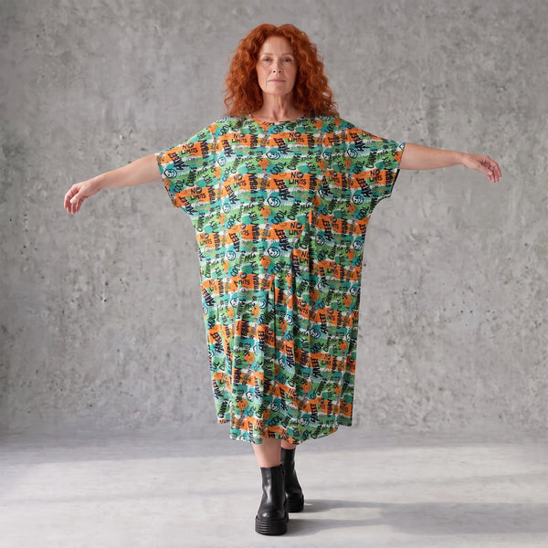 Jerseykleid in Grün/Multi mit Rundhalsausschnitt in Ballonform aus weichem Stretchstoff