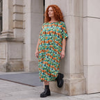 Jerseykleid in Grün/Multi mit Rundhalsausschnitt in Ballonform aus weichem Stretchstoff