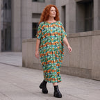 Jerseykleid in Grün/Multi mit Rundhalsausschnitt in Ballonform aus weichem Stretchstoff