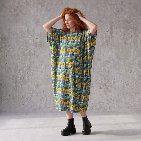 Kleid im Ballonschnitt aus Baumwolljersey mit Gelb/Multi Print und elastischem Komfort