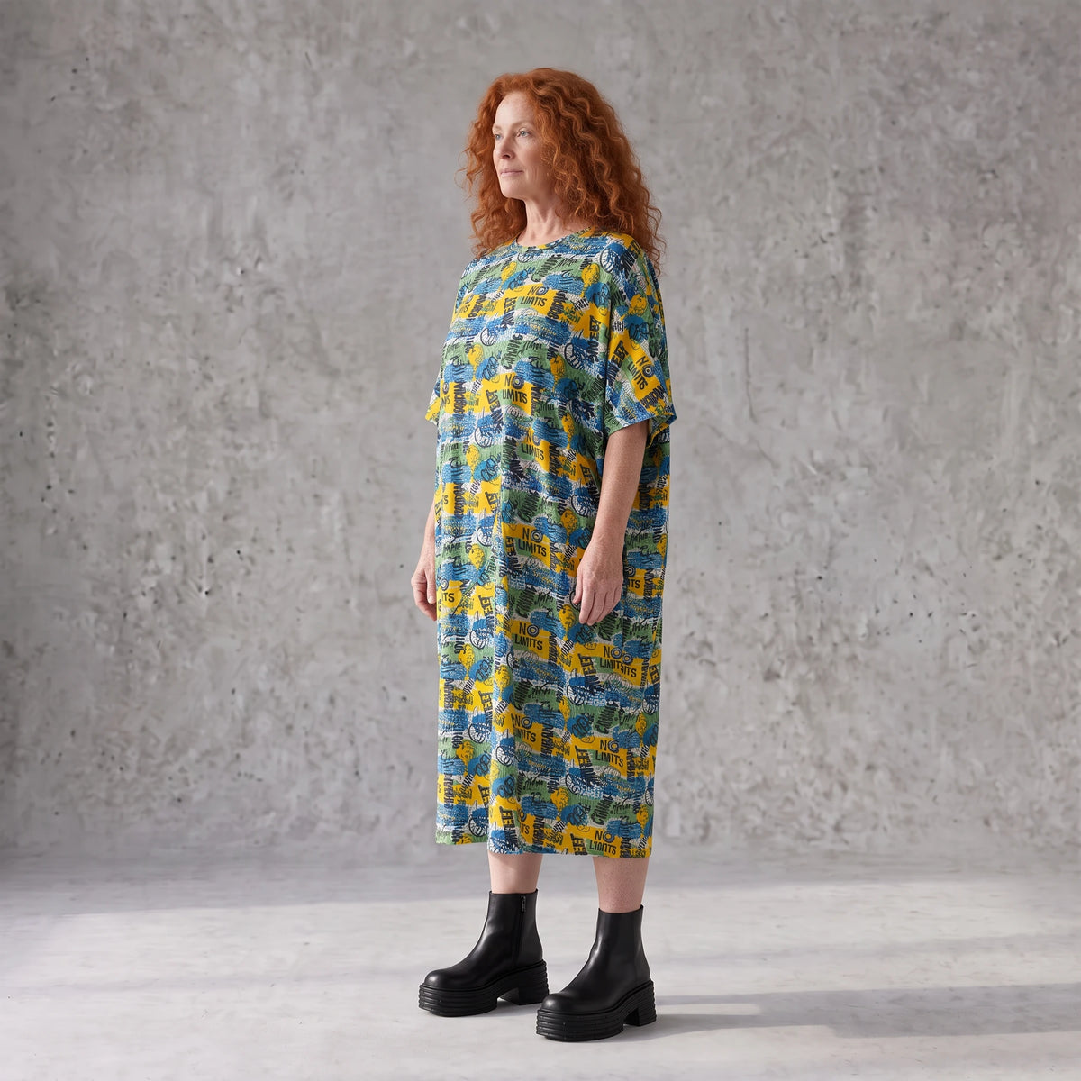 Kleid im Ballonschnitt aus Baumwolljersey mit Gelb/Multi Print und elastischem Komfort