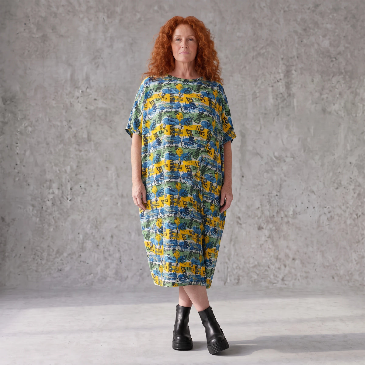 Kleid im Ballonschnitt aus Baumwolljersey mit Gelb/Multi Print und elastischem Komfort