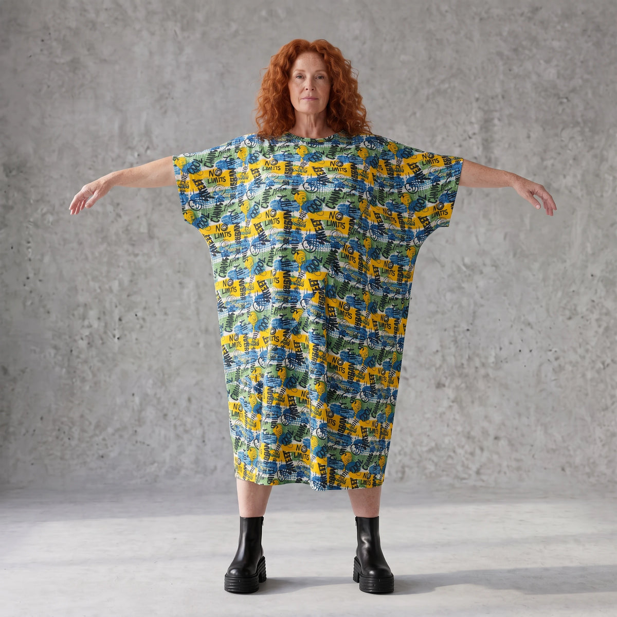Kleid im Ballonschnitt aus Baumwolljersey mit Gelb/Multi Print und elastischem Komfort