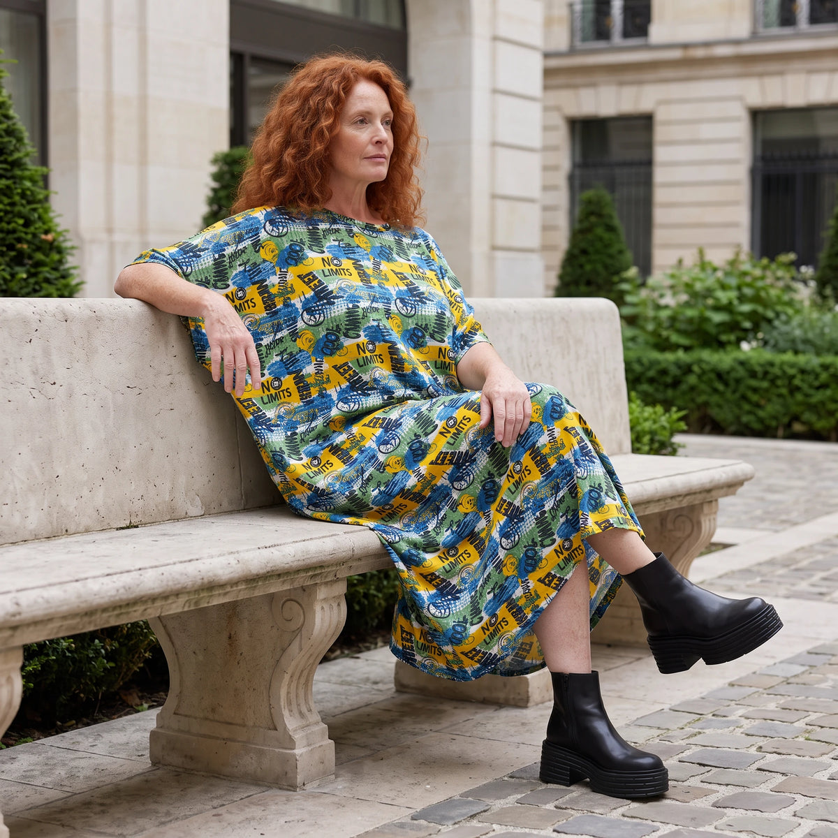 Kleid im Ballonschnitt aus Baumwolljersey mit Gelb/Multi Print und elastischem Komfort