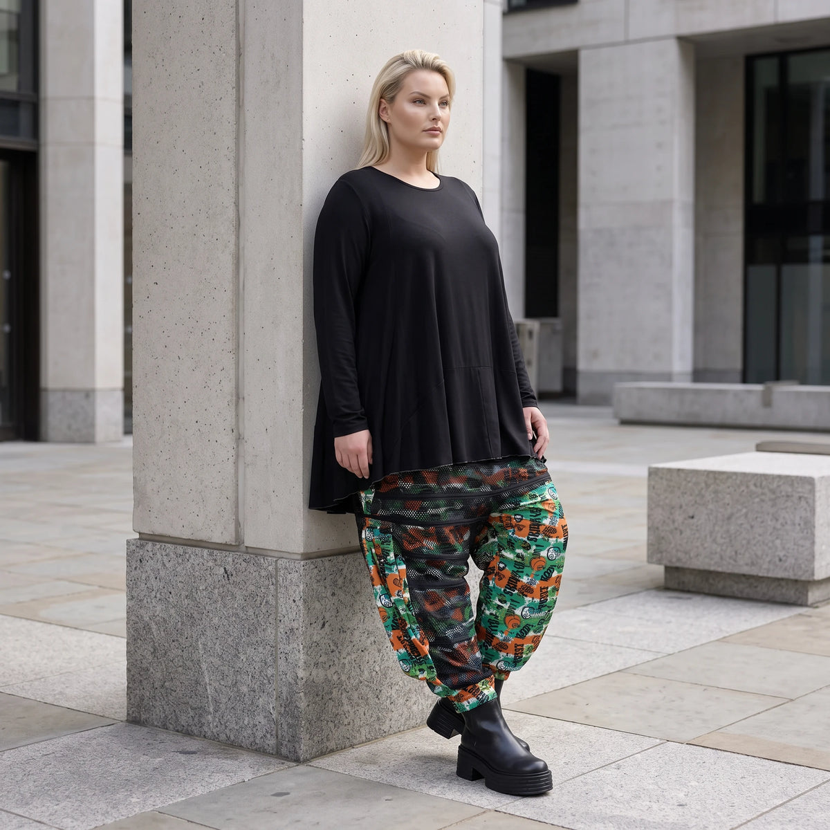 Haremshose aus Baumwolljersey mit Fransen Netzeinsatz und Taschen bequem elastisch