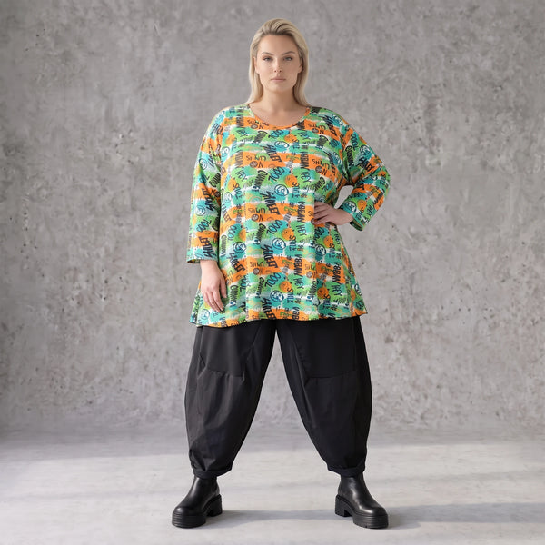 Shirt in A-Linie aus Stretchjersey mit grünem Multimuster luftig und locker fallend