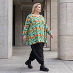 Shirt in A-Linie aus Stretchjersey mit grünem Multimuster luftig und locker fallend