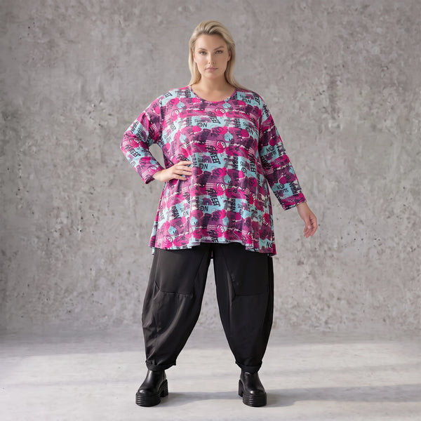 Jerseyshirt in Lila/Multi mit Rundhalsausschnitt A-Linie und 7/8-Arm in Stretchqualität