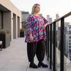 Jerseyshirt in Lila/Multi mit Rundhalsausschnitt A-Linie und 7/8-Arm in Stretchqualität