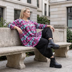 Jerseyshirt in Lila/Multi mit Rundhalsausschnitt A-Linie und 7/8-Arm in Stretchqualität